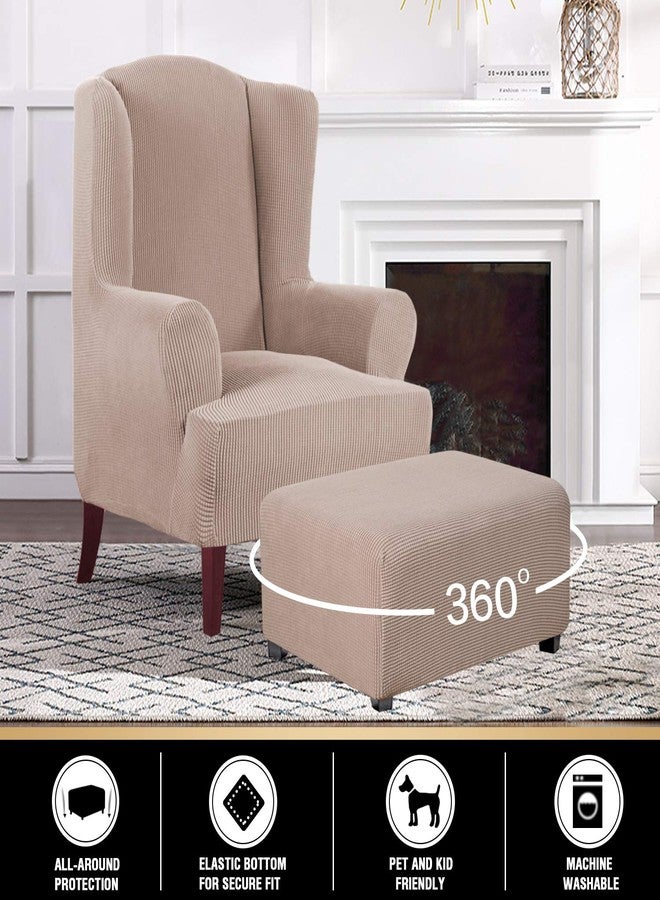 PrinceDeco غطاء عثماني مطاطي، أغطية عثمانية مستطيلة الشكل لغرفة المعيشة، أغطية مطاطية تناسب مسند القدم العثماني، قماش جاكار سميك بنقشة مربعات مع قاعدة مطاطية (مقاس قياسي، لون رملي) - Image 2